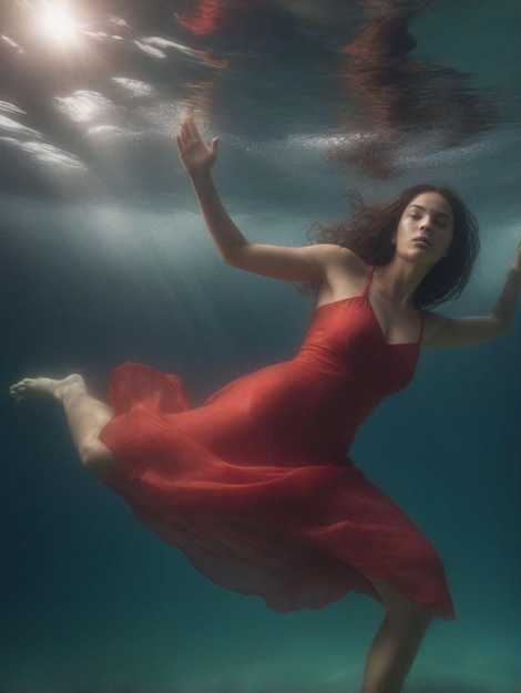 Photo a woman in a red dress is swimming under water with the sun shining on her face