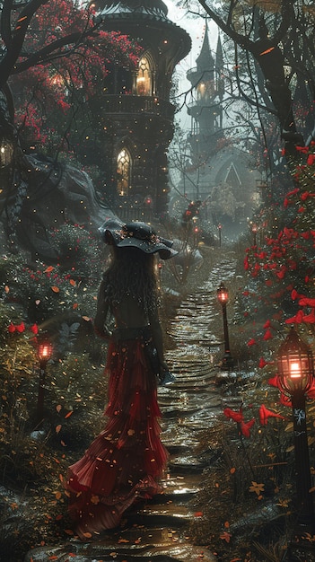 a woman in a red dress is walking down a path in the snow