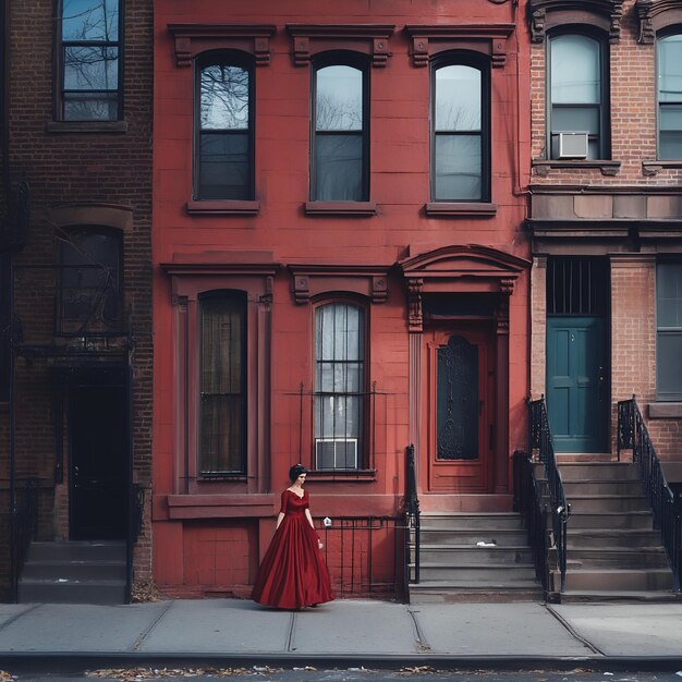 A woman in a red dress is walking down a sidewalk