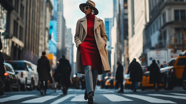 a woman in a red dress is walking down a street with a hat on