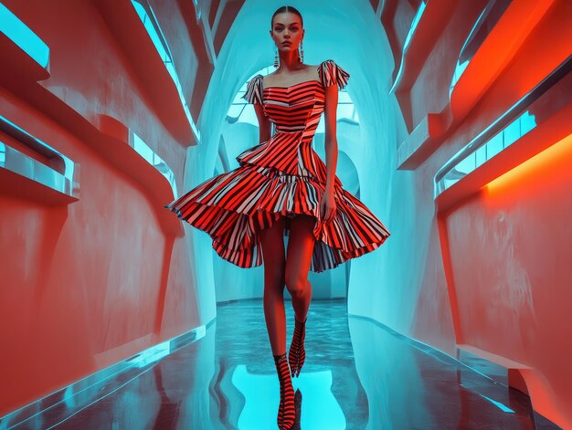 Photo a woman in a red dress is walking in a room with a red and blue light