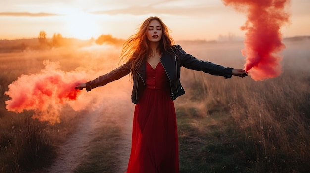 A woman in a red dress and leather jacket holds two red smoke bombs in a field at sunset