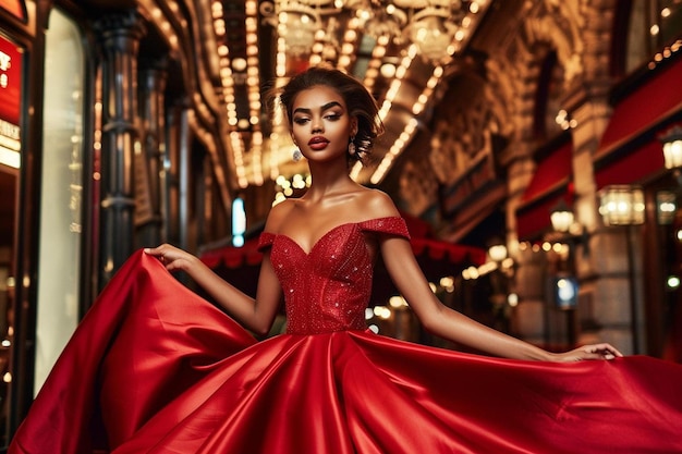 Woman in red dress model posing outside