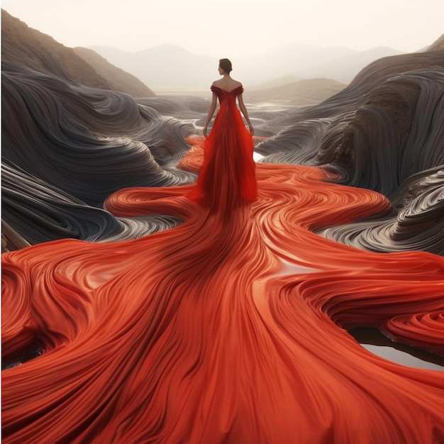 Woman in a red dress in the mountains 3D rendering