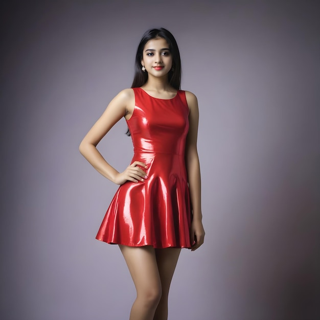 a woman in a red dress poses for a photo