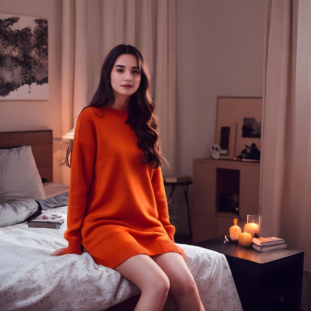 A woman in a red dress sits on a bed with a candle on the table.