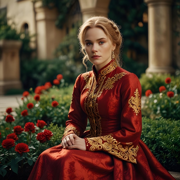 a woman in a red dress sits in front of a bunch of flowers