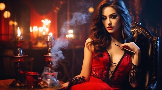 a woman in a red dress smoking a cigarette