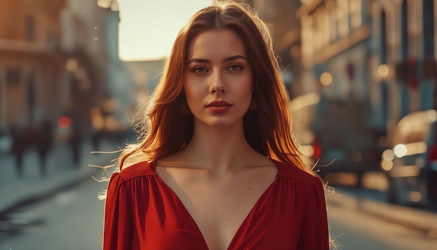 A woman in a red dress standing in crowded city