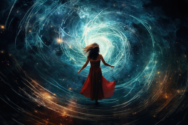 A woman in a red dress standing in front of a blue spiral