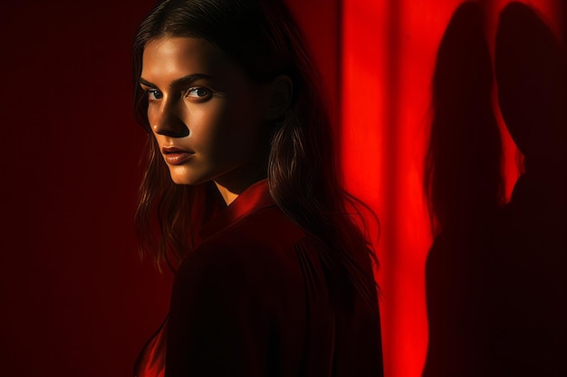 a woman in a red dress standing in front of a red curtain