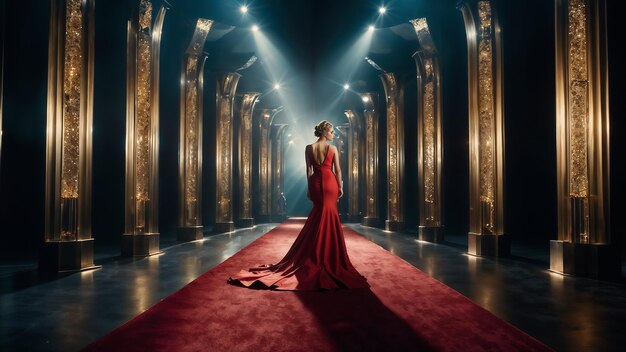 Woman in Red Dress Standing on Red Carpet Generative AI