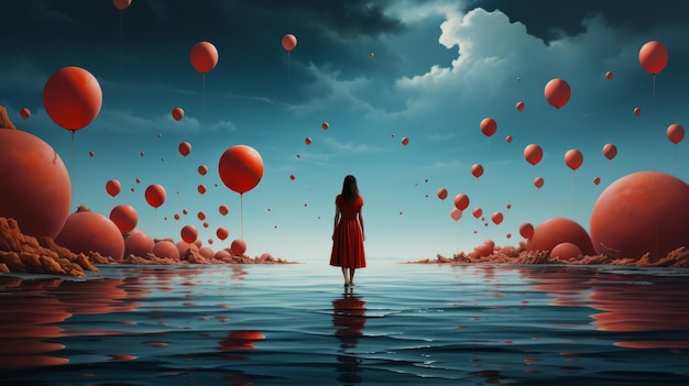 A woman in a red dress standing in water surrounded by balloons