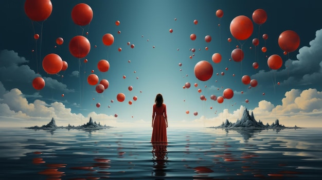 A woman in a red dress standing in water with red balloons floating above her