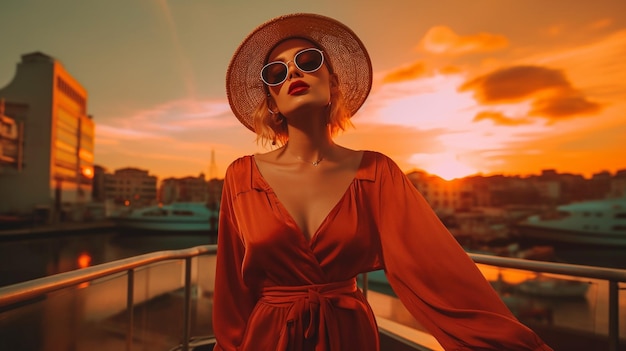 A woman in a red dress stands on a balcony with a sunset in the background.