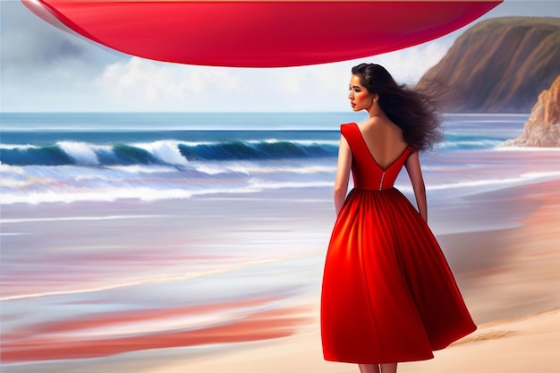 A woman in a red dress stands on a beach with a red umbrella over her head.