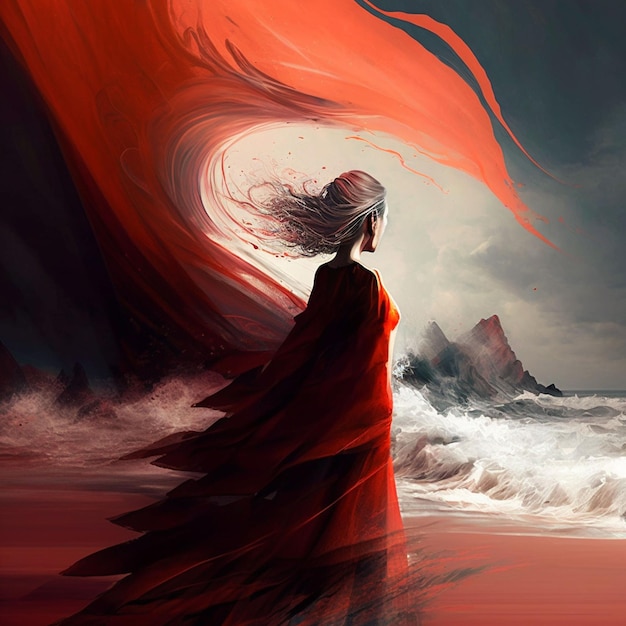 A woman in a red dress stands on a beach with waves crashing behind her.