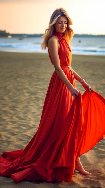 A woman in a red dress stands on a beach