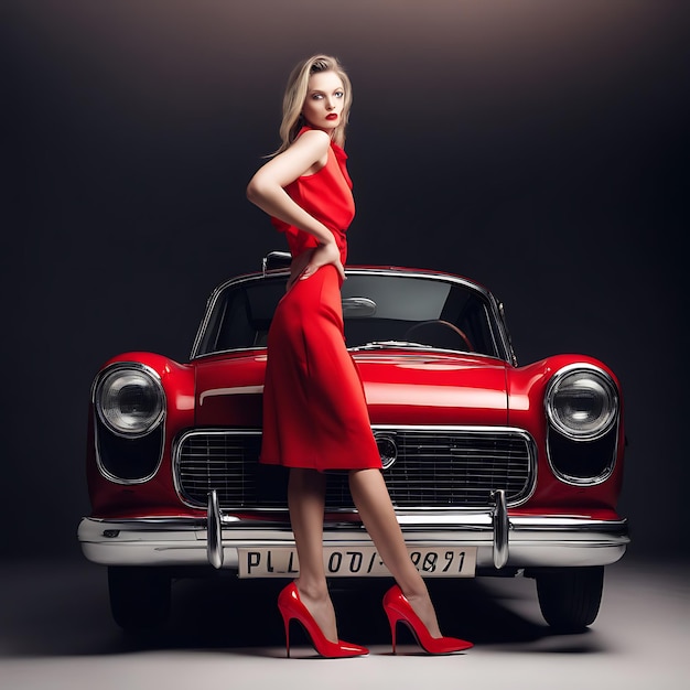 Photo a woman in a red dress stands next to a classic car with the license plate number plate number 56