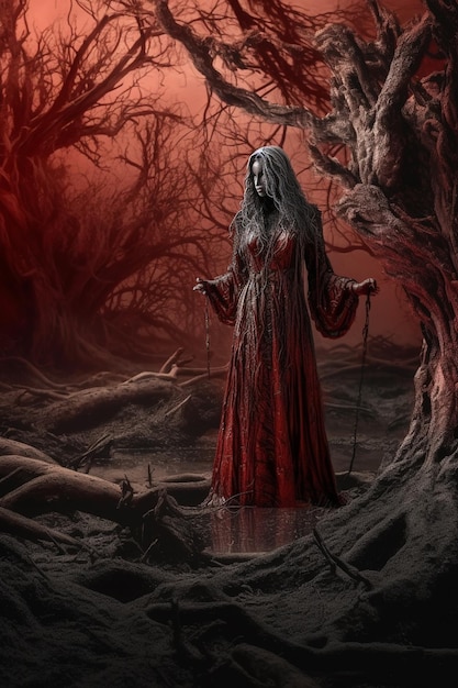 A woman in a red dress stands in a dark forest with a sword in her hand.