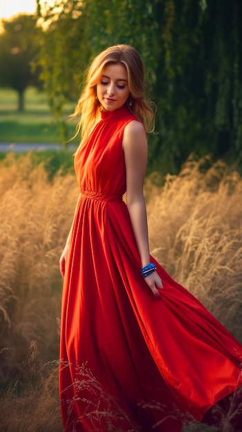 A woman in a red dress stands in a field of tall grass.