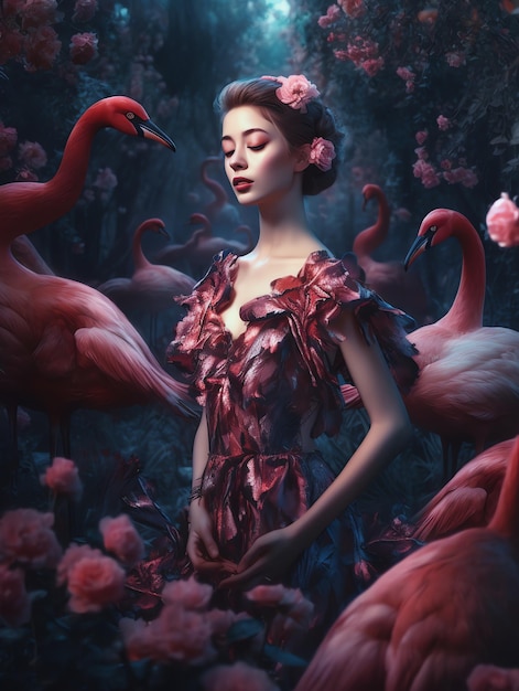 A woman in a red dress stands among flamingos.