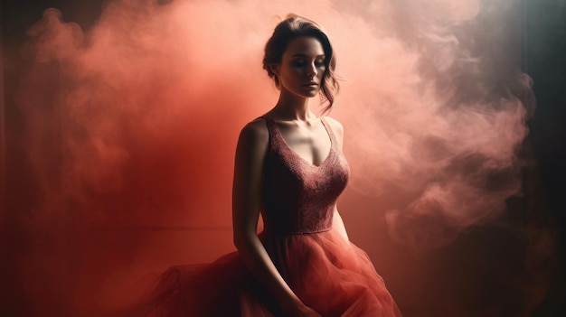 A woman in a red dress stands in front of a cloud of smoke.