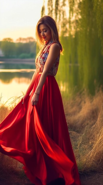 A woman in a red dress stands in front of a lake.