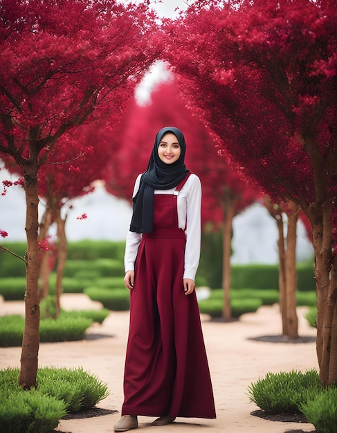 Photo a woman in a red dress stands in front of a row of trees with red leaves