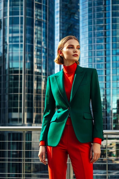 Photo a woman in a red dress stands in front of a skyscraper