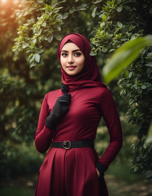 a woman in a red dress stands in front of a tree with green leaves and a black glove on her right hand