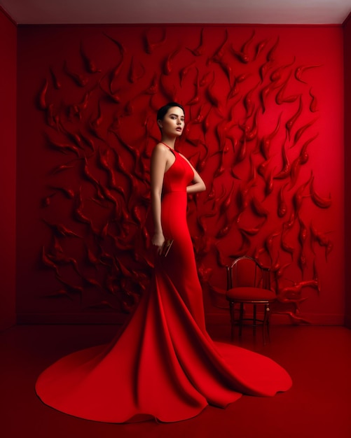 A woman in a red dress stands in front of a wall with a red wall with a dragon design on it.