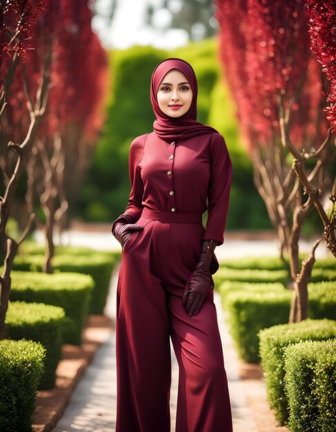 Photo a woman in a red dress stands in a garden with trees and bushes