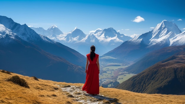 A woman in a red dress stands on a mountain top looking at the mountains