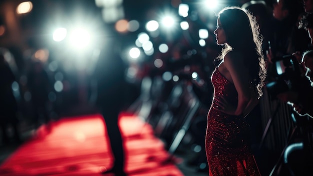 A woman in a red dress stands on a red carpet in front of a crowd of people