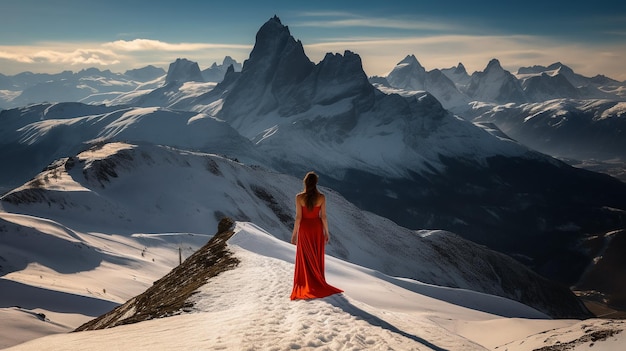 A woman in a red dress stands on a snowy mountain top.