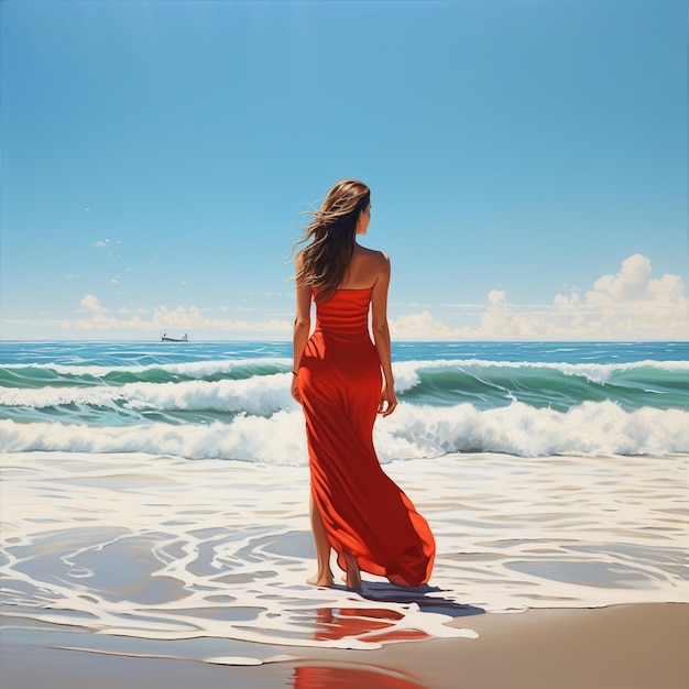 A woman in a red dress stands in the water in front of the ocean.