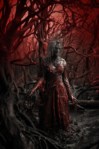 A woman in a red dress stands in the woods with the words'the witch'on it.