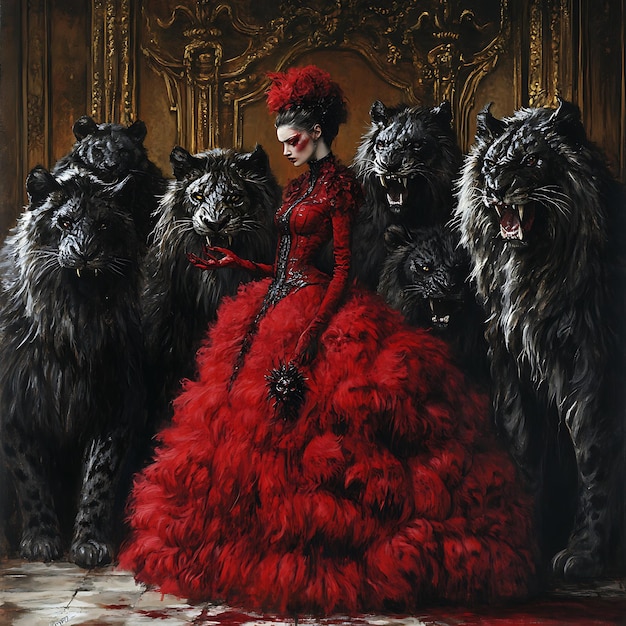 Photo woman in red dress surrounded by black panthers in a grand hall