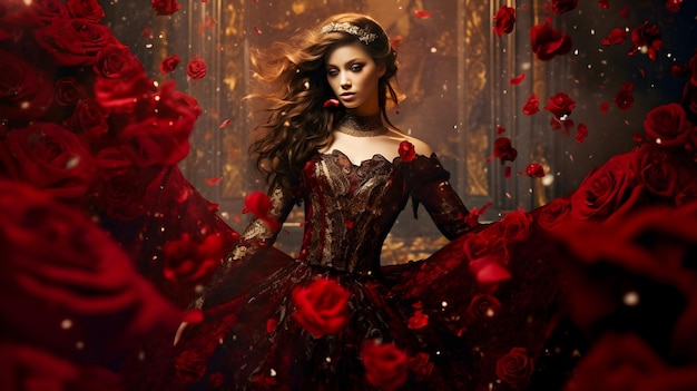 A woman in a red dress surrounded by red roses