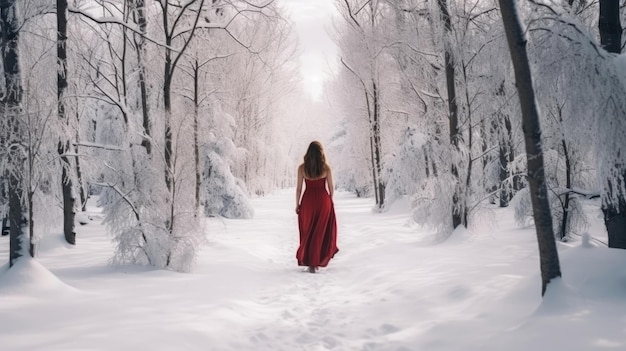 A Woman in red dress walking on a path in Winter landscape with fair trees under the snow Scenery for the tourists Christmas holidays Trampled path in the snowdrifts