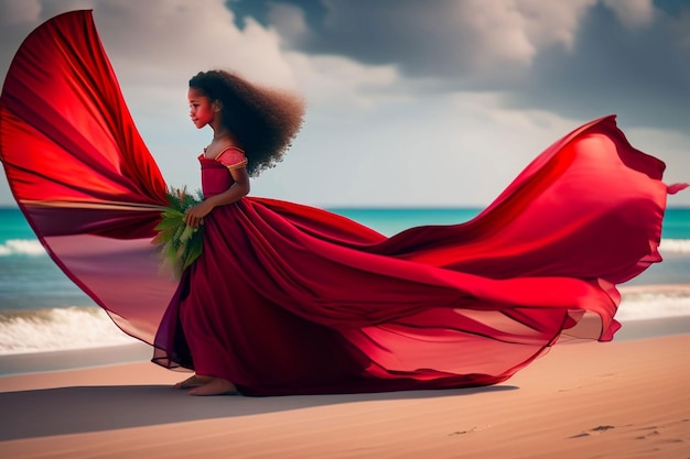 A woman in a red dress walks on a beach with a large red dress.