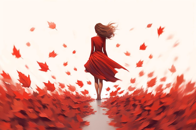 A woman in a red dress walks down a path with leaves falling from the sky