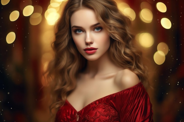 A woman in a red dress with blue eyes