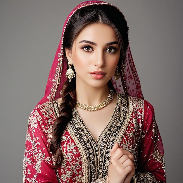 a woman in a red dress with a braided hair