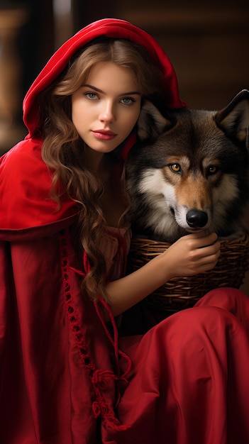 a woman in a red dress with a dog in her lap