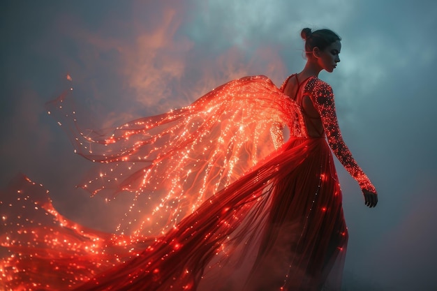 Photo a woman in a red dress with a fiery winged tail