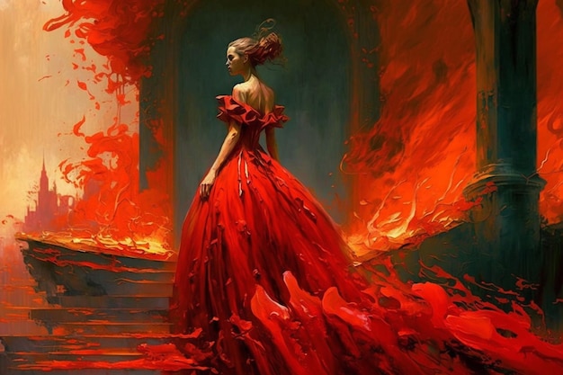 A woman in a red dress with a fire on it