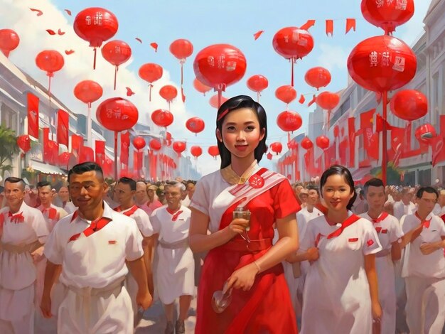 Photo a woman in a red dress with a flag on it