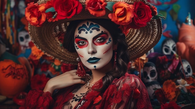 A woman in a red dress with a flower design on her face stands in front of a mexican scene.